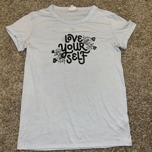 WOMENS SHIRT -LULAROE-LIV TEE-COTTON POLYESTER Love Yourself-SIZE S Floral Blue